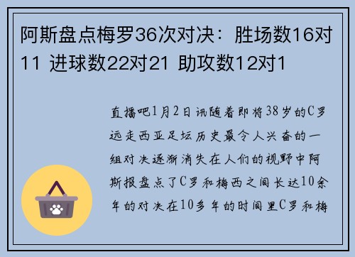 阿斯盘点梅罗36次对决：胜场数16对11 进球数22对21 助攻数12对1